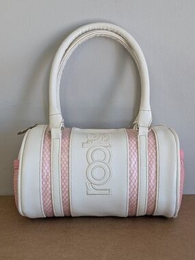 Vintage Y2K Roots Cylinder Purse, White Poly w Pink Mesh, Barrel Bag Mini Duffle